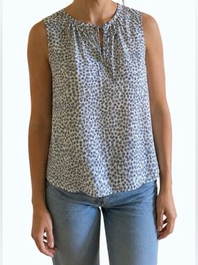 Joe Fresh 100% Silk Sleeveless Floral Tie Neck Blouse Navy Daisy Size Medium